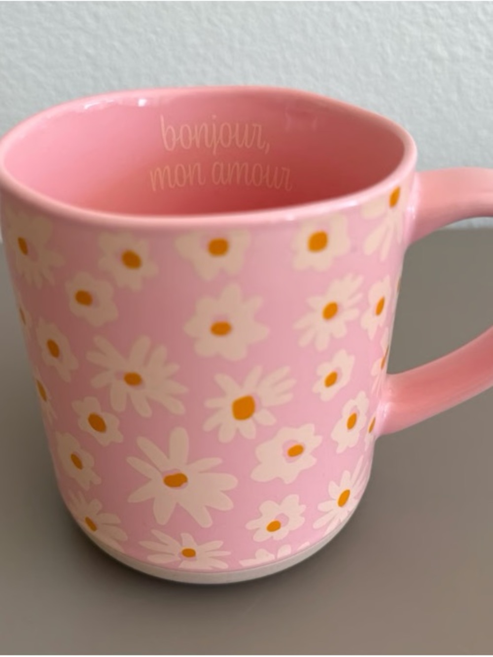 Pink Daisy Ceramic Mug with 'bonjour, mon amour' Interior